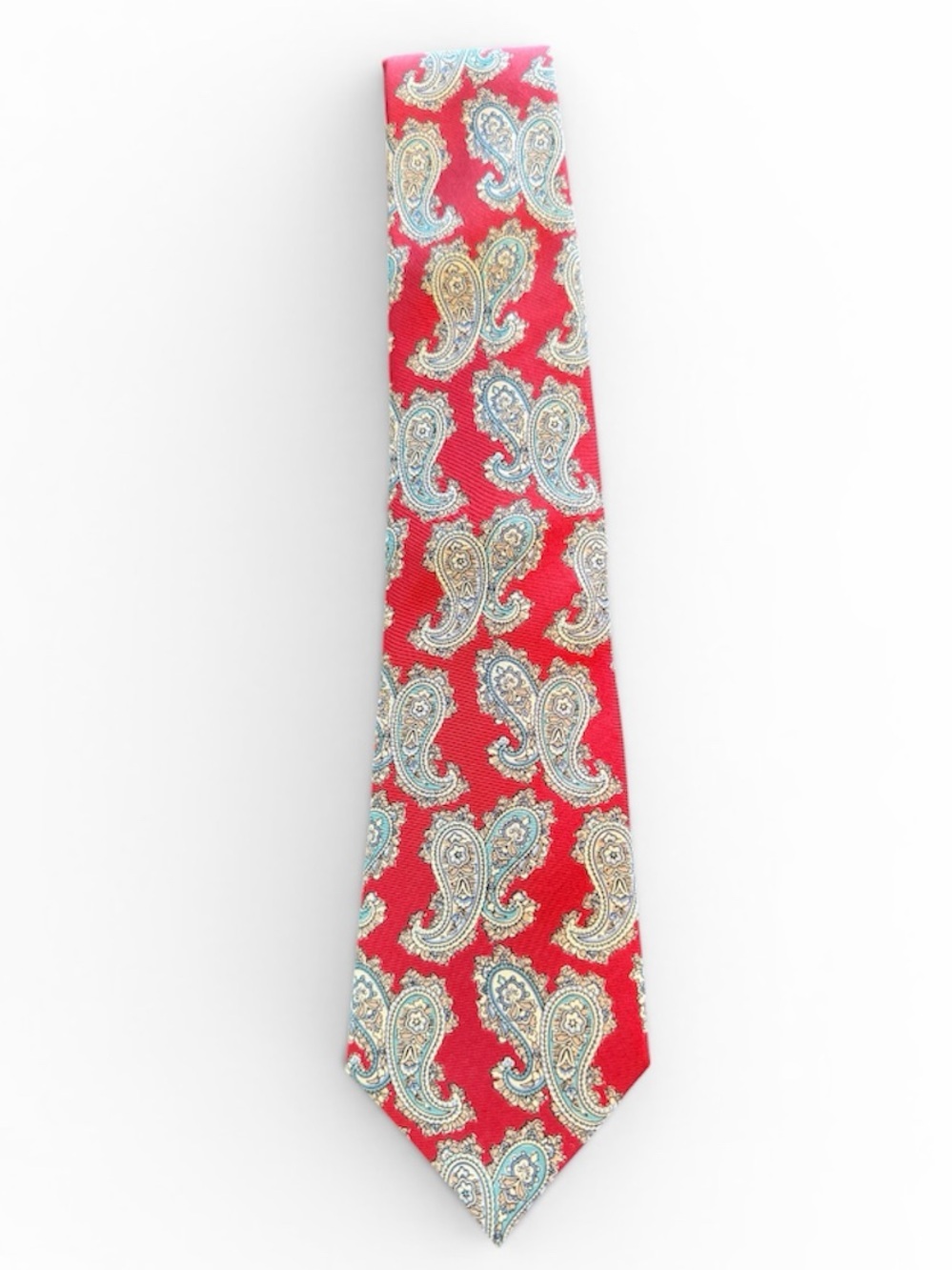 Vintage Dior Monsieur Red Paisley Silk Tie with Cream and Light Blue Accents
